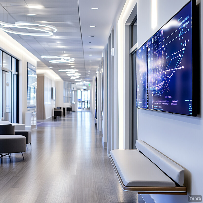 A modern clinic hallway with clean lines and minimal decor, featuring two screens displaying graphs and a bench for seating.