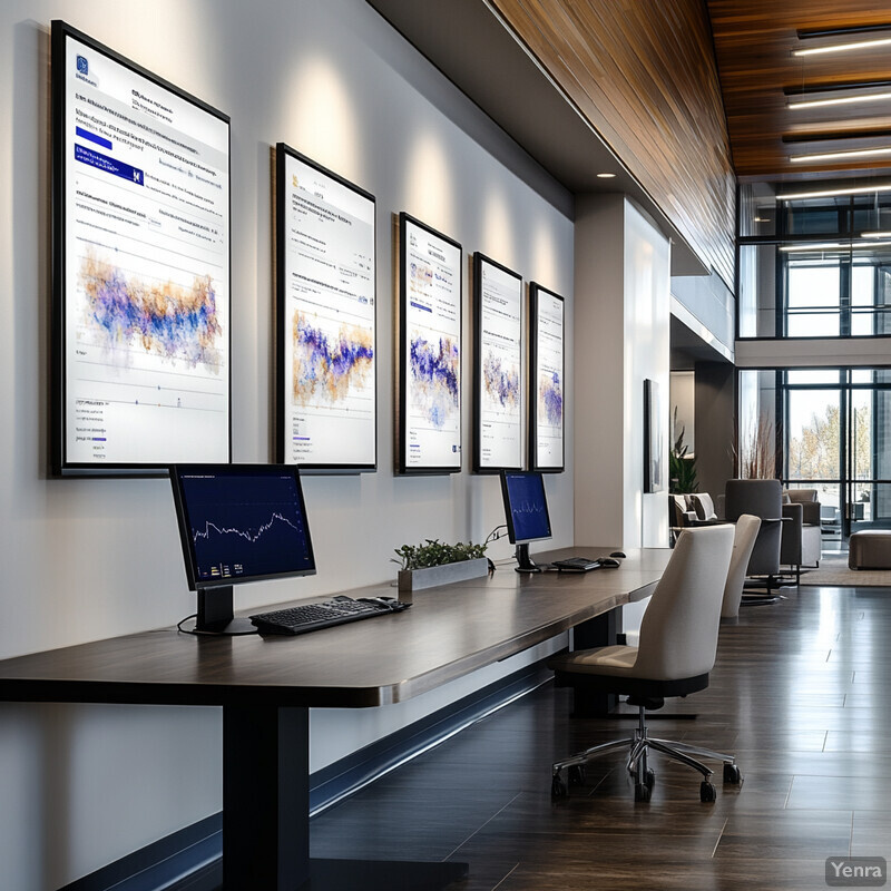 A modern office space with a minimalist aesthetic, featuring a long dark wood desk and matching chairs.