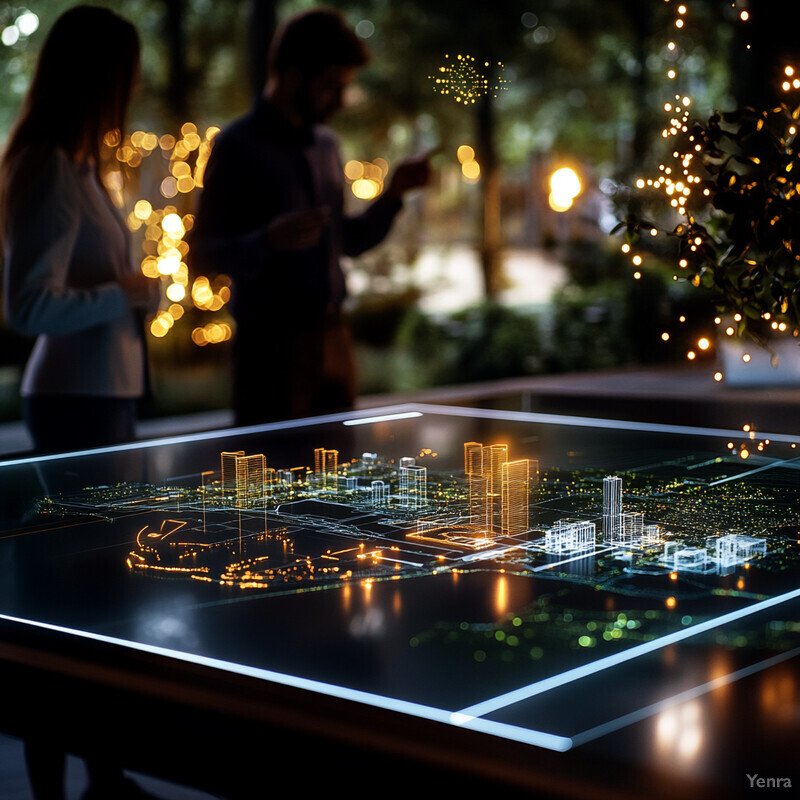 A futuristic cityscape with a holographic map and data-driven policy recommendations.