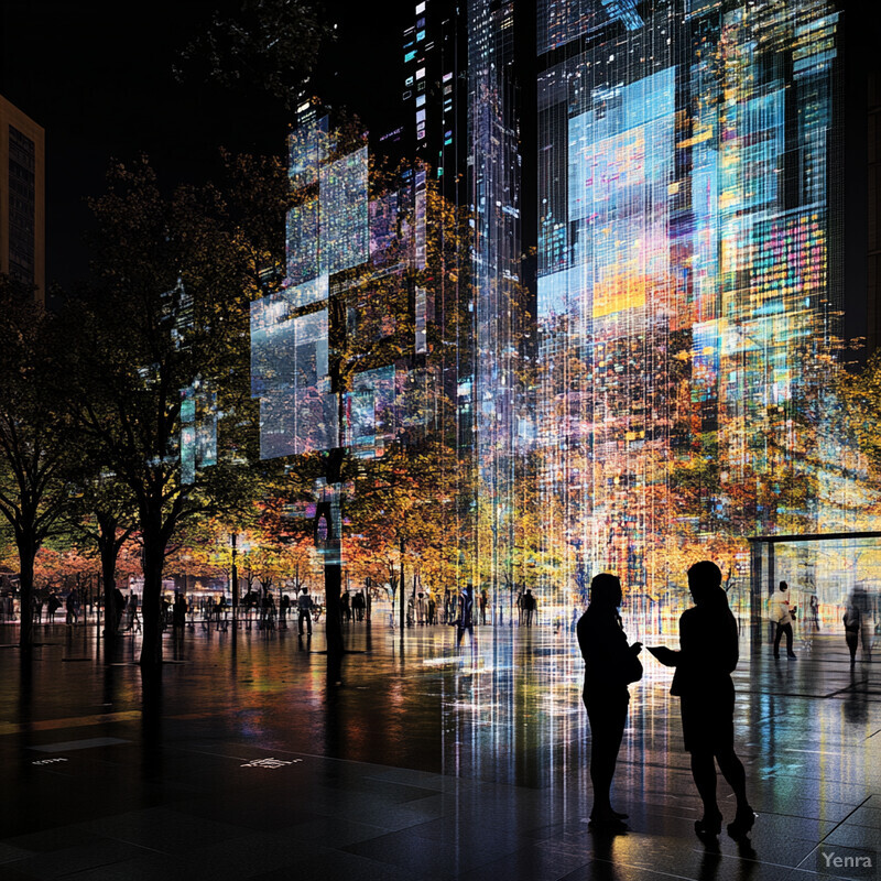 A futuristic cityscape with towering skyscrapers and a vibrant park, featuring two women discussing their latest project.