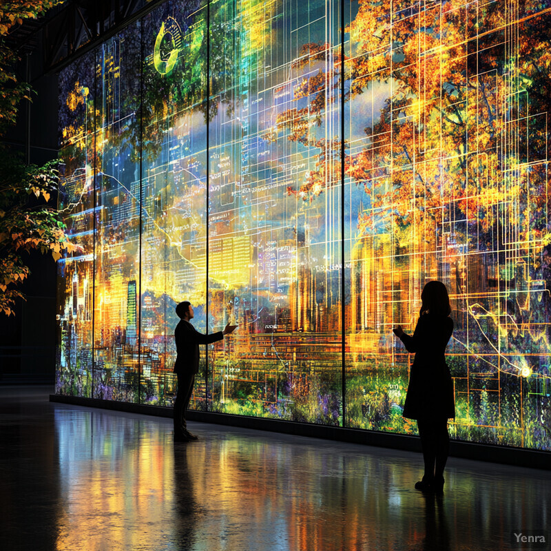 Two individuals stand in front of a large digital display, engaged with its interactive content.