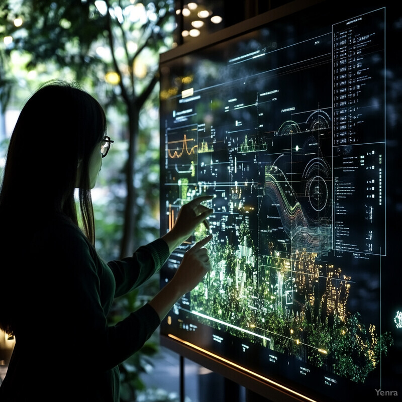 A woman examines a large screen displaying data-driven policy recommendations related to public health.