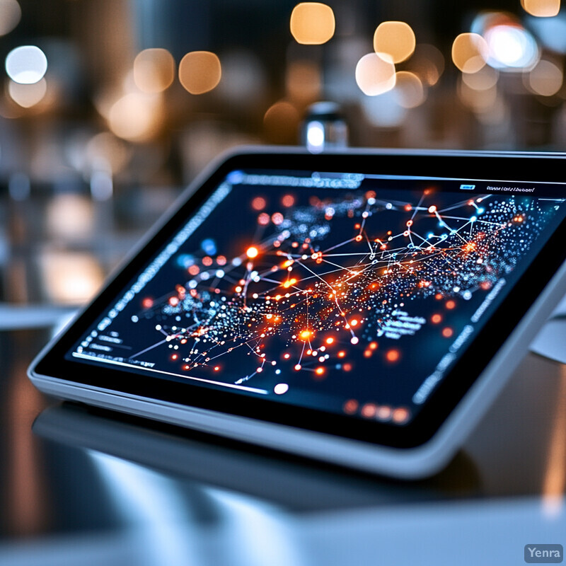 A person is using a tablet to analyze data or navigate through a complex system.