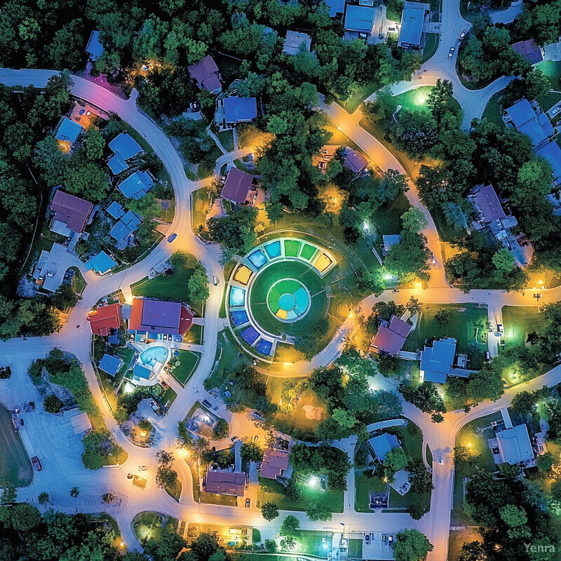 A vibrant and lively neighborhood at night, with a central park or playground surrounded by residential buildings and streets.