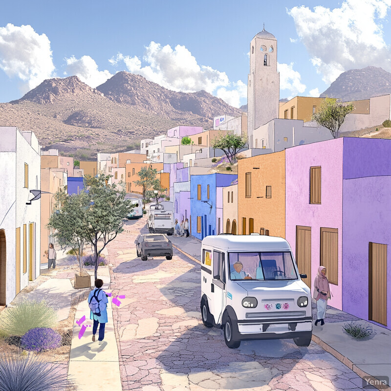 A colorful city street scene with an ice cream truck parked by the side of the road, surrounded by buildings and trees, set against a backdrop of mountains and a blue sky.