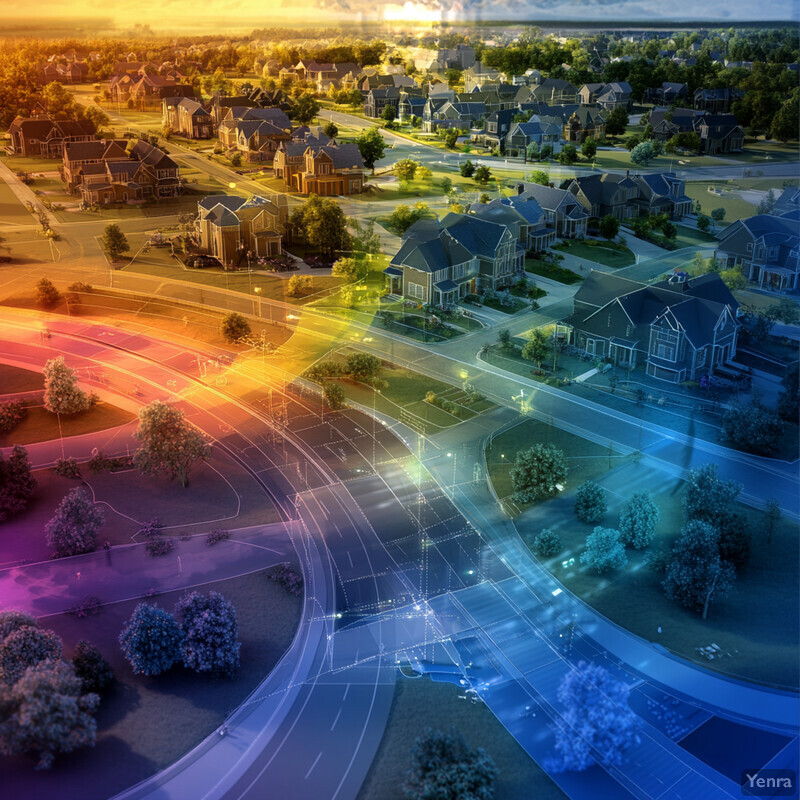 Aerial view of a suburban neighborhood with rainbow-colored overlay highlighting data points.