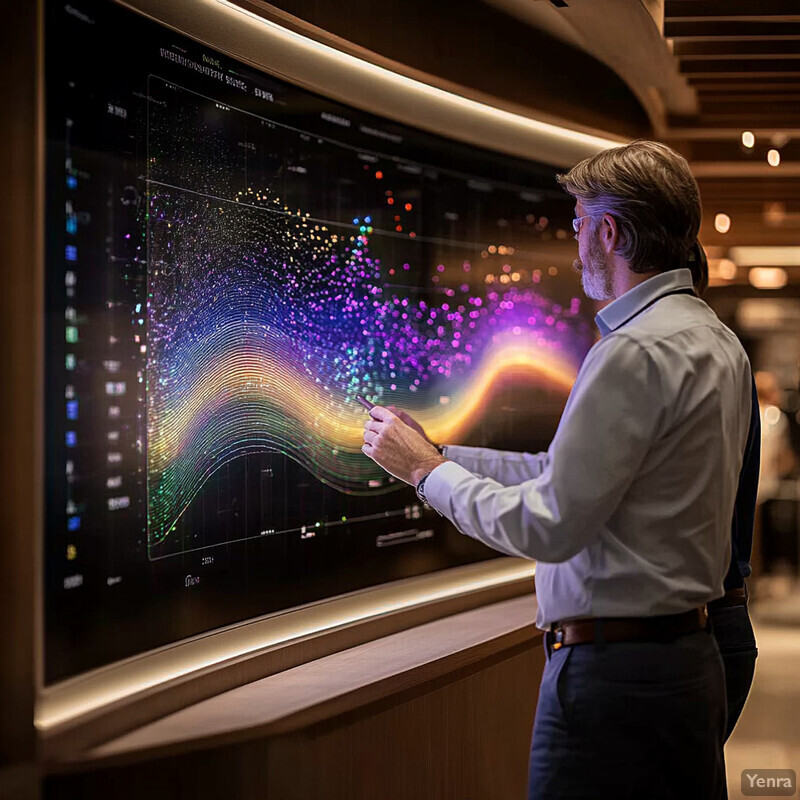 A man is analyzing data on a large screen in an office setting.