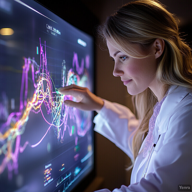 A woman in a white lab coat is analyzing data on a large screen.