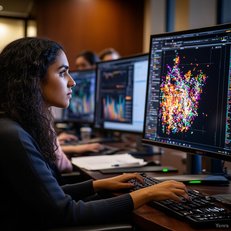 A woman works at a computer in an office setting.