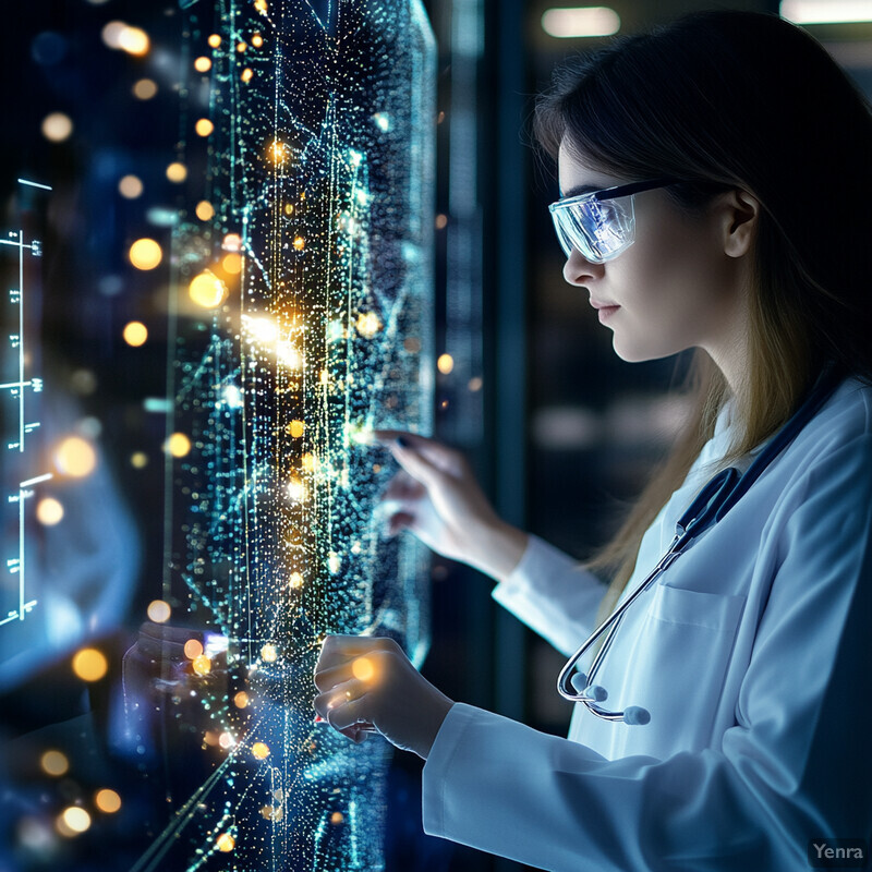 A woman in a white lab coat stands in front of a large screen displaying a cityscape at night.