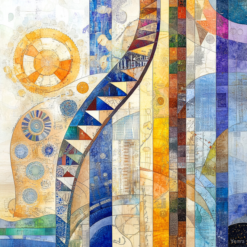 This image is an abstract art piece titled 'Integration of Genomic and Proteomic Data' by Yenna.