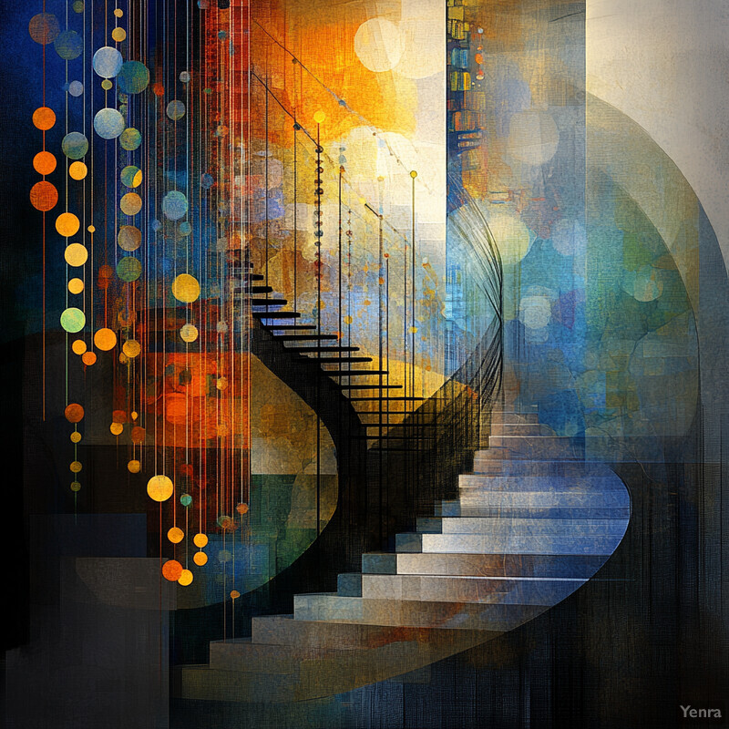 An abstract representation of a winding staircase with vibrant colors and geometric patterns.