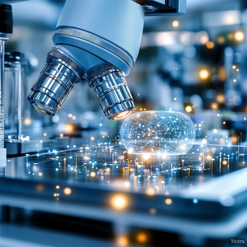 A microscope with a glowing blue orb in front of it, surrounded by a network of lines and dots.