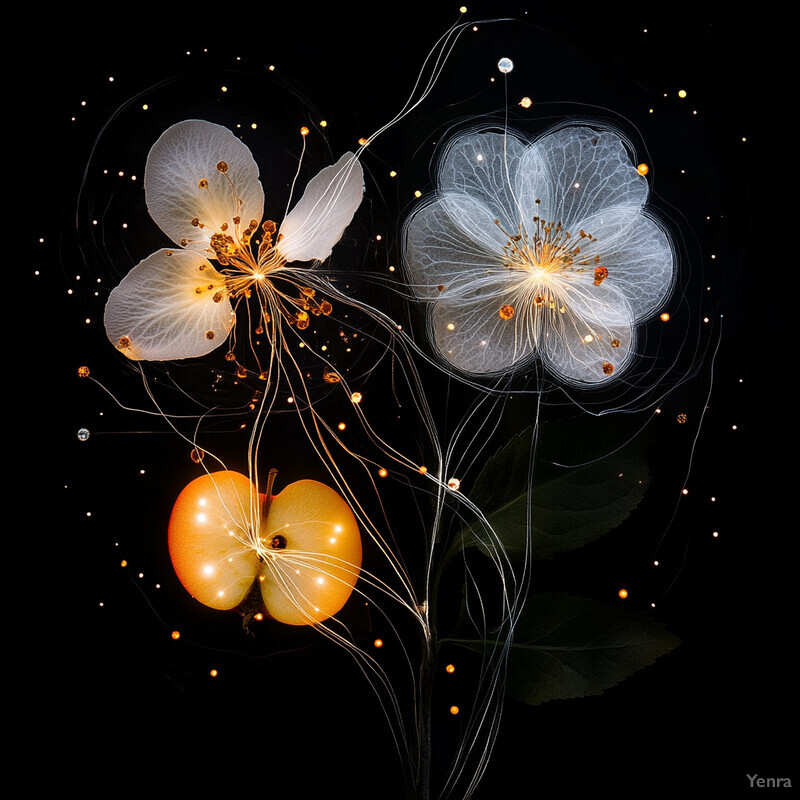 A digital artwork featuring two white flowers with yellow centers on a black background.