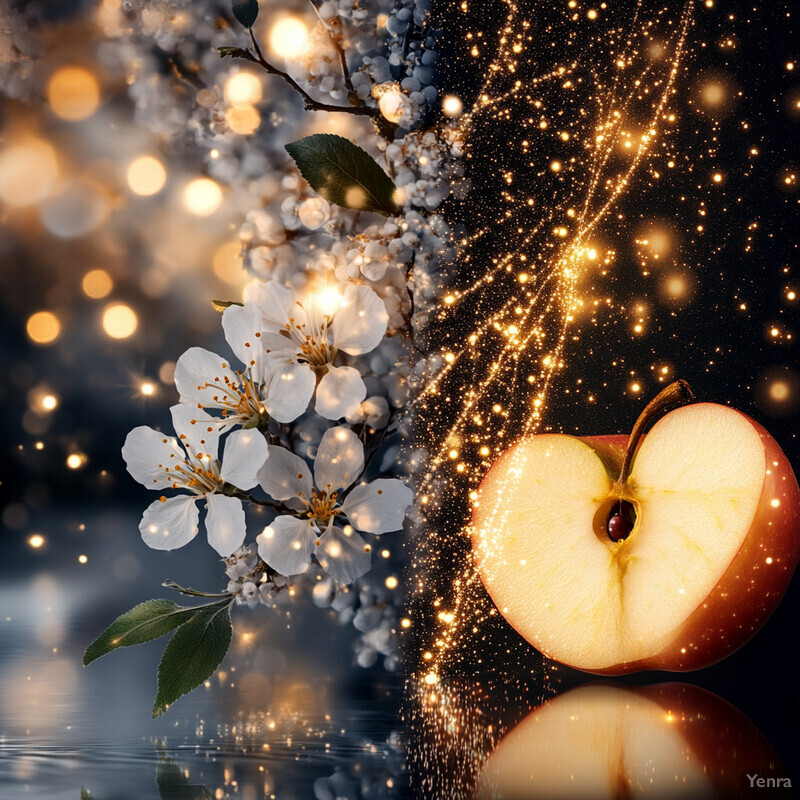 A serene image featuring an apple cut in half and a delicate flower branch.