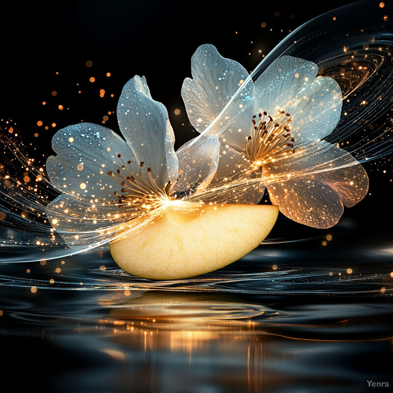 A dreamy image featuring two white flowers with gold speckles on a dark background with subtle hints of gold.