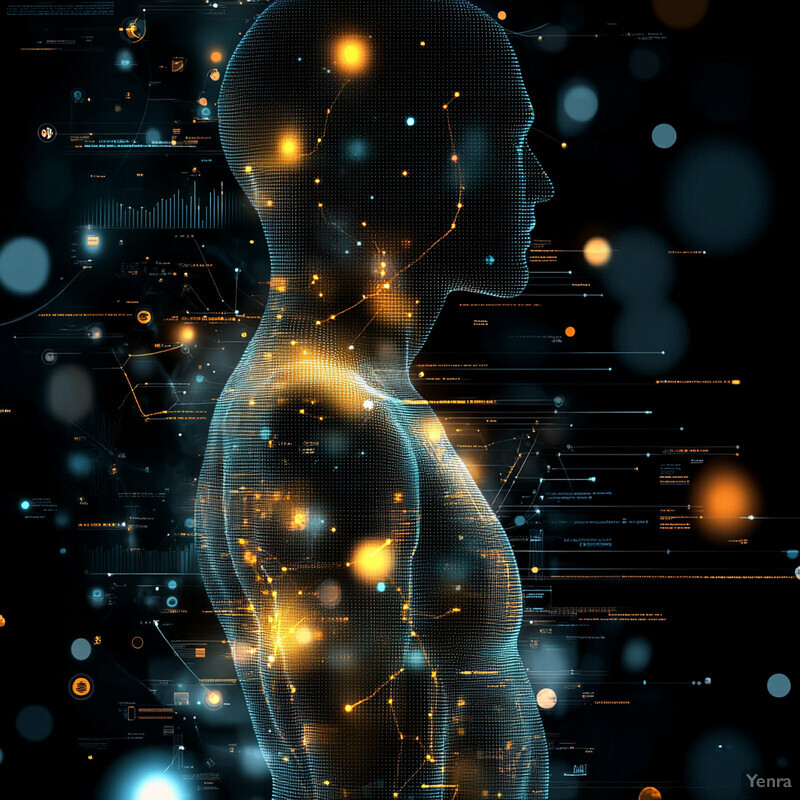 The image depicts a futuristic and technological representation of a human body, with various data points and lines connecting different parts of the body.