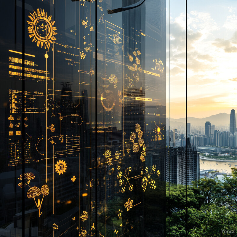 A futuristic elevator with gold floral designs in a black glass panel, surrounded by various rooms and a cityscape view.