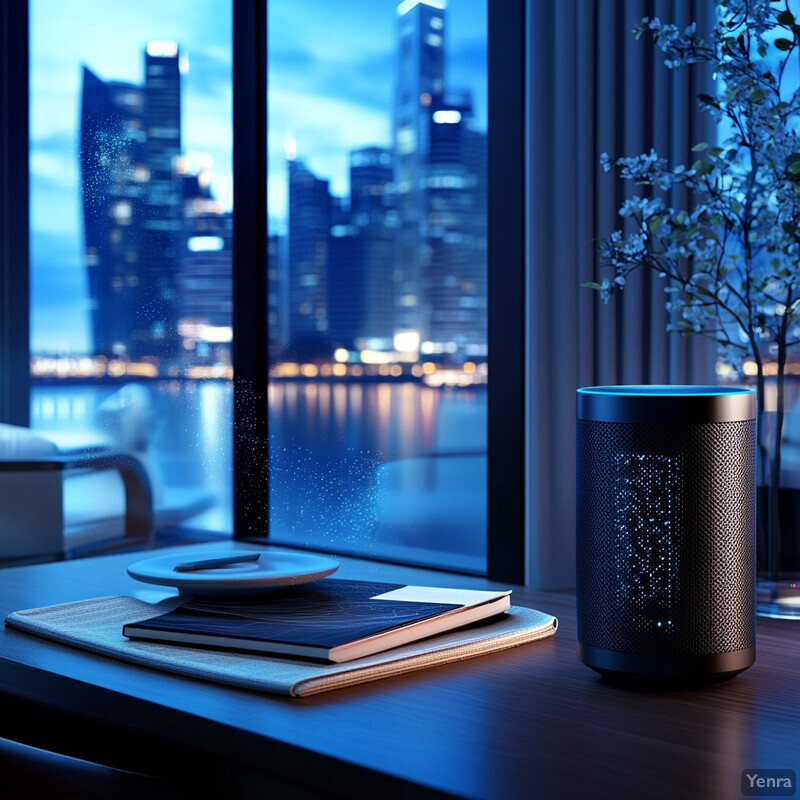 A serene and organized workspace with a stunning view of the city skyline at dusk or dawn.