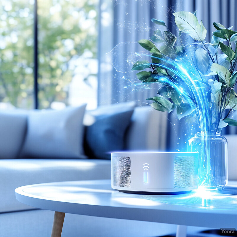 A serene living room scene with a white speaker emitting blue light and mist, accompanied by a vase of green leaves.