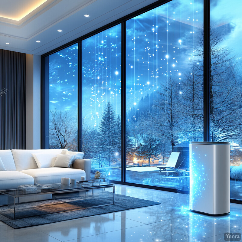 A modern living room with a stunning view of snow-covered trees outside.