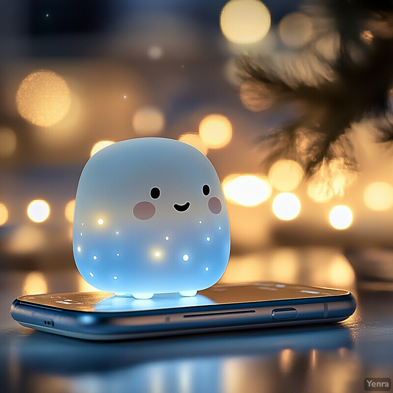 A small, glowing blue creature sits on top of an illuminated smartphone in a cozy room or space.