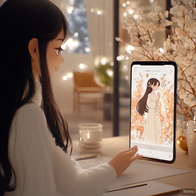 A woman sits at a desk in front of an illuminated tablet displaying a cartoon-style illustration.