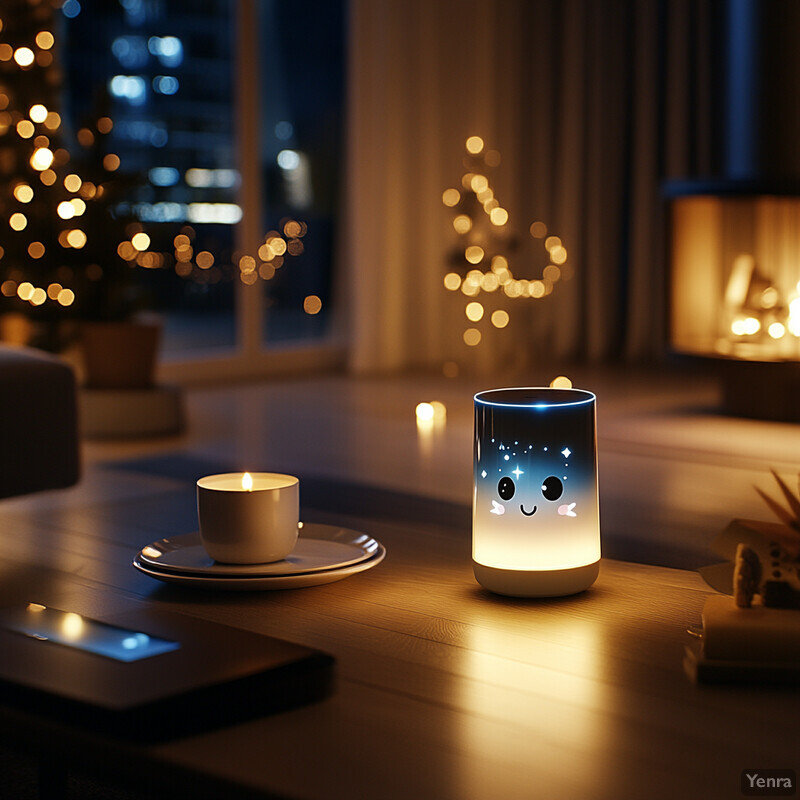 A cozy living room with a Christmas tree in the background and various holiday-themed objects on the table.