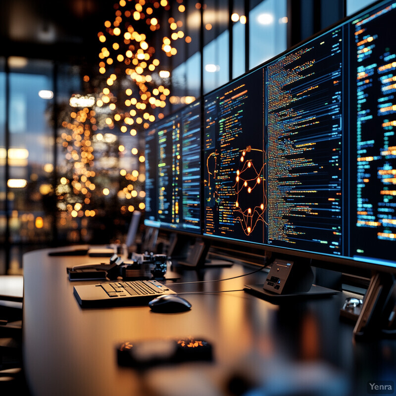 A dimly lit room filled with rows of computer monitors displaying lines of code.