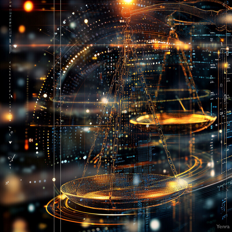 A digital representation of the scales of justice with a gold-colored scale and blue background.