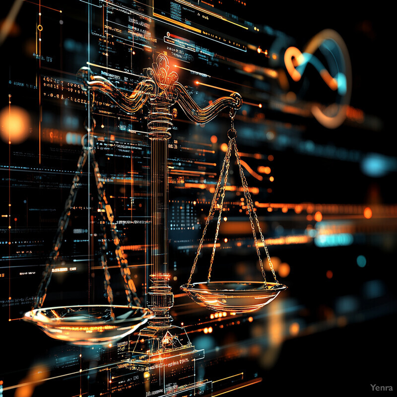 A digital representation of a scale of justice superimposed over a complex network diagram or flowchart.