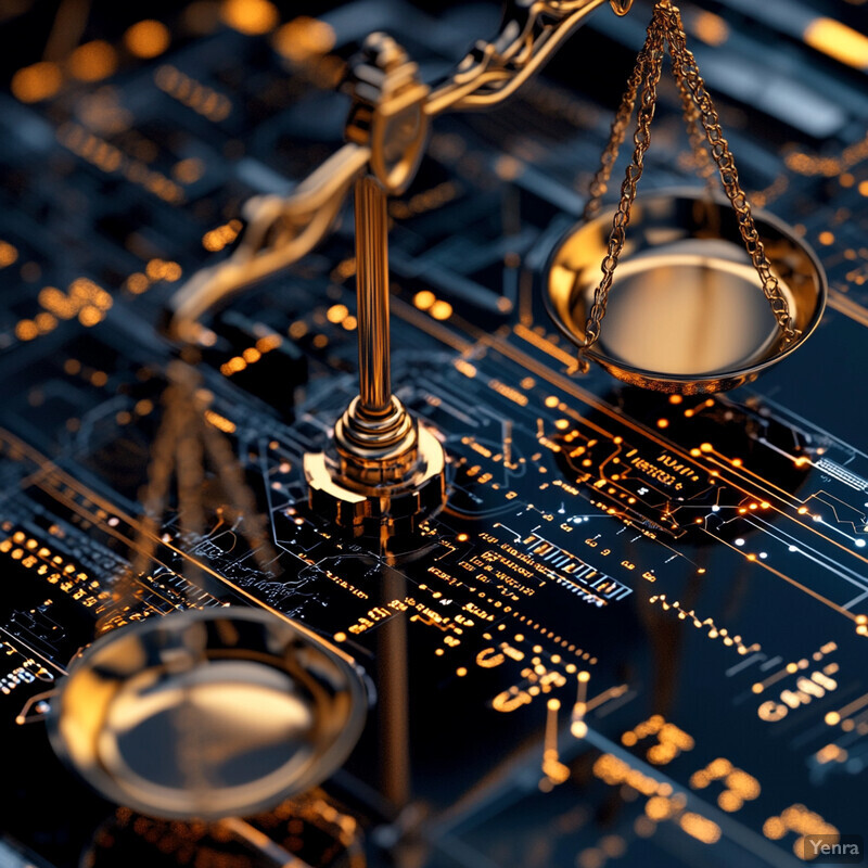 A digital illustration of Lady Justice's scales and sword on top of a circuit board, symbolizing the intersection of law and technology.