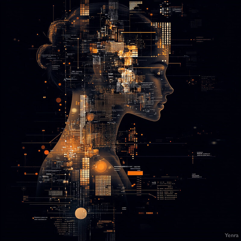 A woman's silhouette is overlaid on a complex network of lines and dots in various shades of orange and black, creating a modern and technological visual representation.