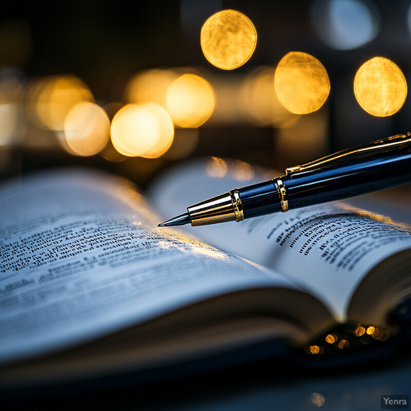 An open book with a pen resting on its pages, set against a dark background.