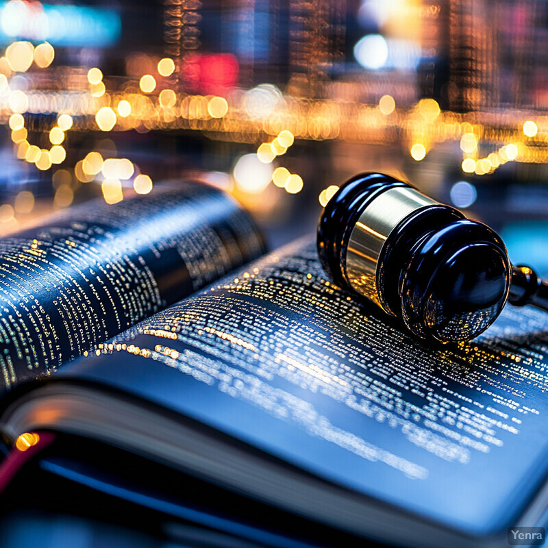 A gavel rests on an open book with gold-embossed pages in front of a blurred cityscape.