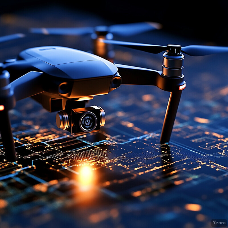 A drone equipped with a camera and lights hovers above a circuit board in an industrial workshop setting.