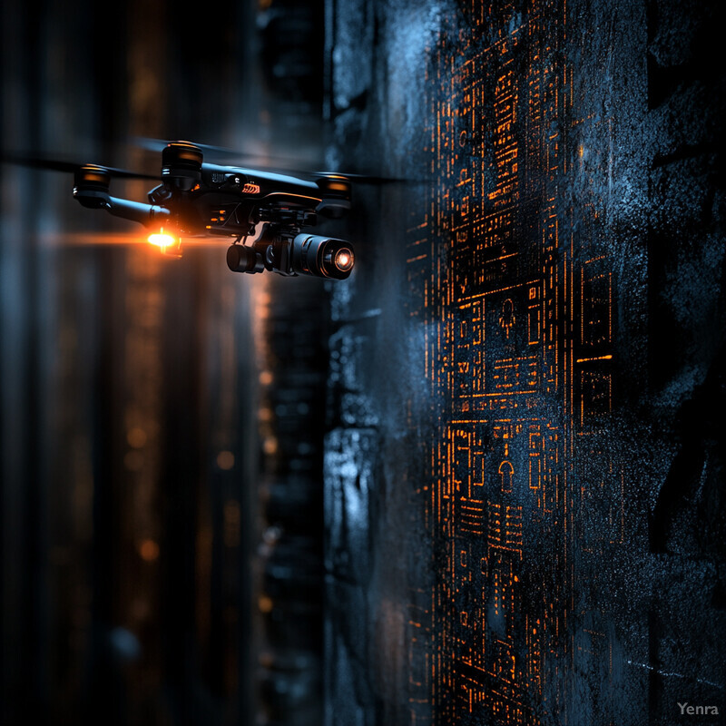 A drone flies in front of an ancient stone wall adorned with hieroglyphics.