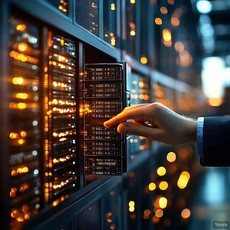 A person is reaching into a server rack to touch one of the servers.