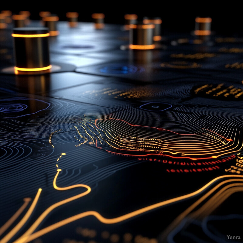 A close-up view of a dark blue surface with intricate patterns and lines, reminiscent of circuit boards or electronic displays.