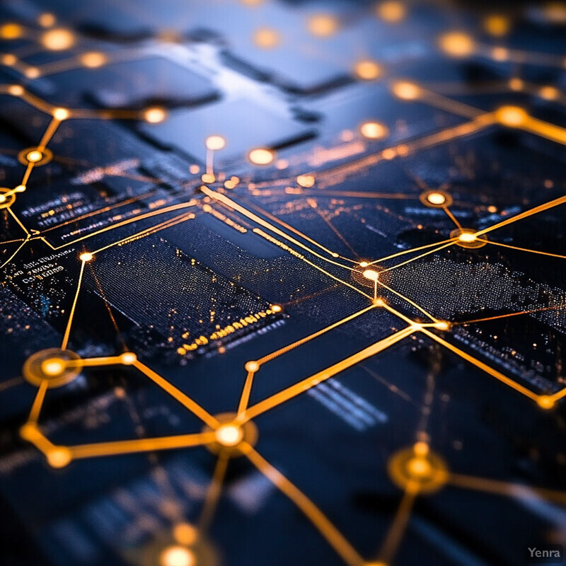 An abstract representation of network analysis and link discovery with a blue background featuring yellow outlines.