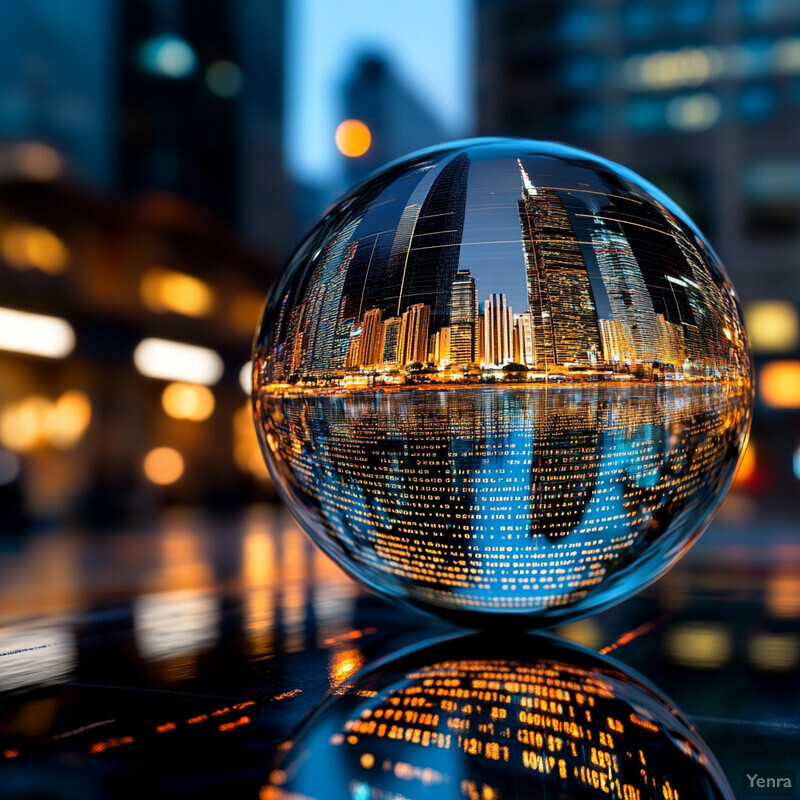 A cityscape at night, captured through a crystal ball on a reflective surface.