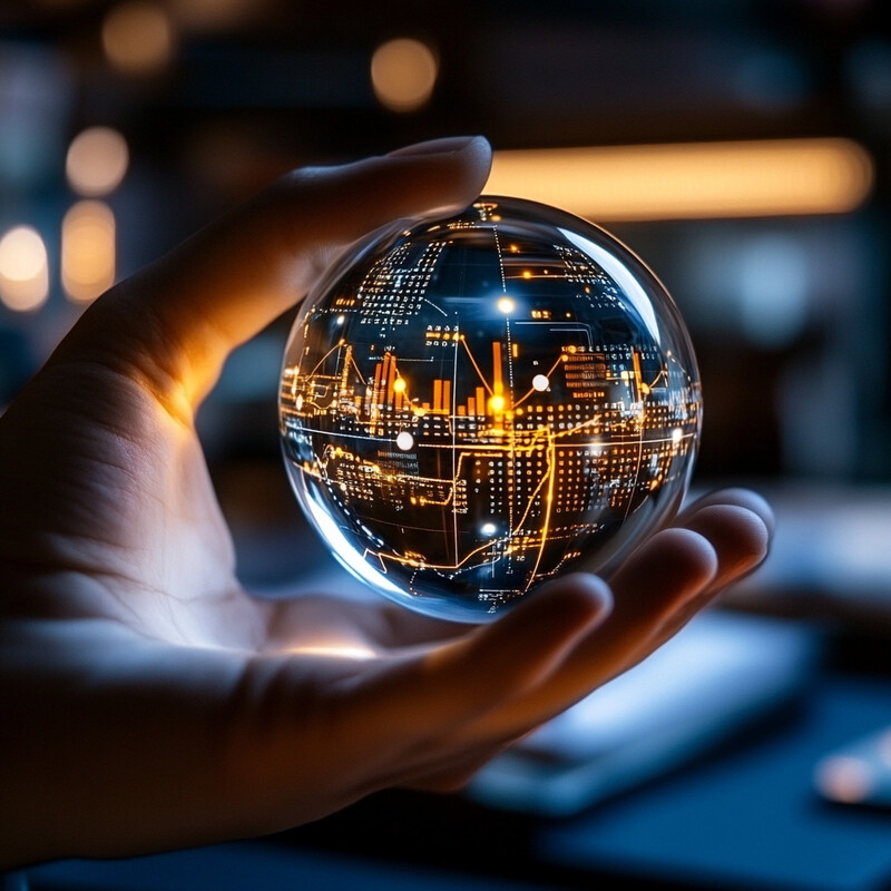 A hand holds a crystal ball with reflective surface displaying various graphs and charts in shades of orange and yellow, set against an office or conference room backdrop.