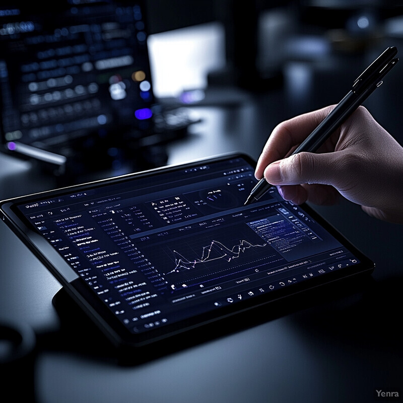 A person is using an iPad to analyze and visualize complex data sets in an office setting.