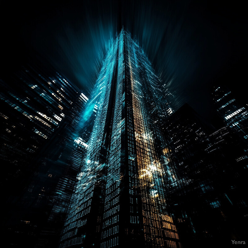 A digital artwork featuring a futuristic skyscraper with a pixelated design.