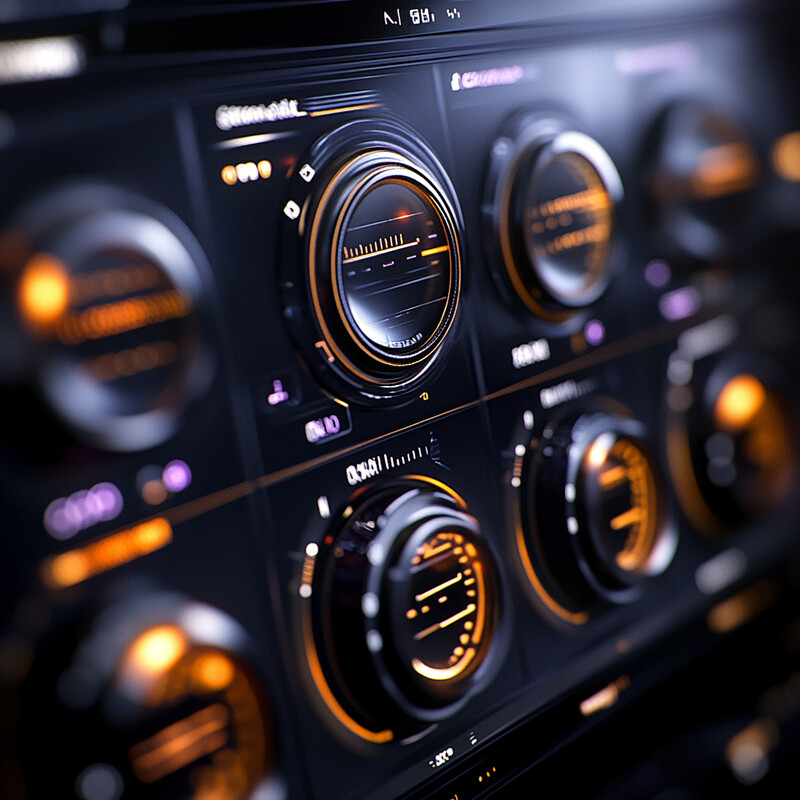 A detailed view of a control panel with multiple dials and buttons, possibly related to aircraft or vehicle controls.