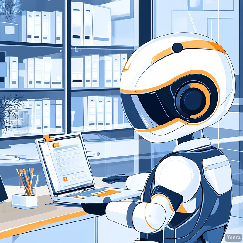 A robot is working or studying in an office environment, surrounded by various objects and equipment.