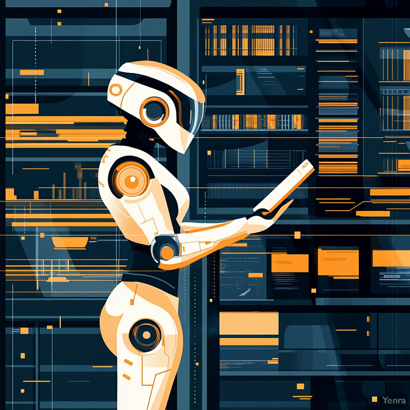 Two humanoid robots stand in front of a large screen displaying various lines and symbols in a dark blue room with orange accents.