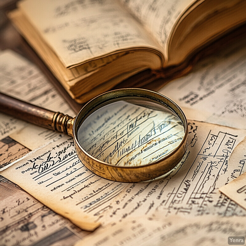 A magnifying glass is placed on top of an open book and documents.