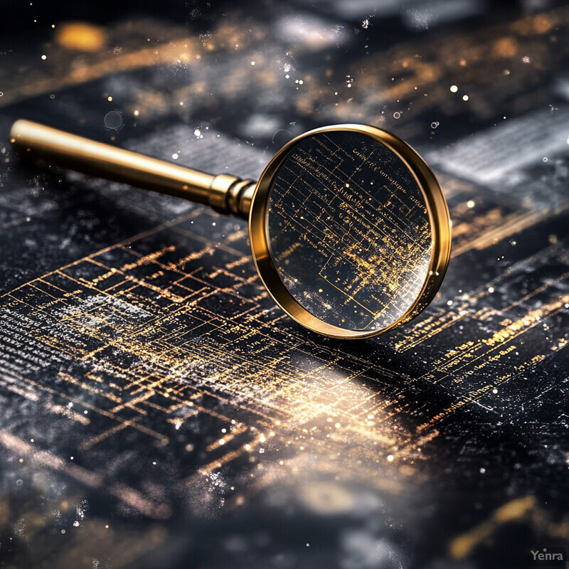 A magnifying glass rests on a black surface with intricate gold and silver patterns, set against a blurred background of various objects in a laboratory or office environment.