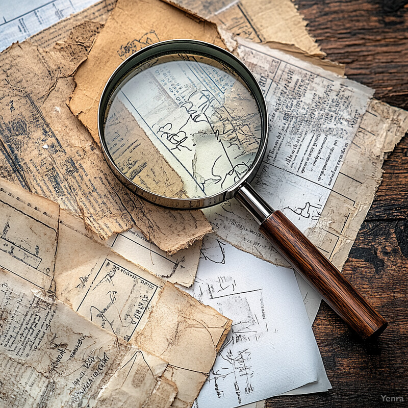 A magnifying glass sits on top of an old piece of paper with illegible writing and diagrams.